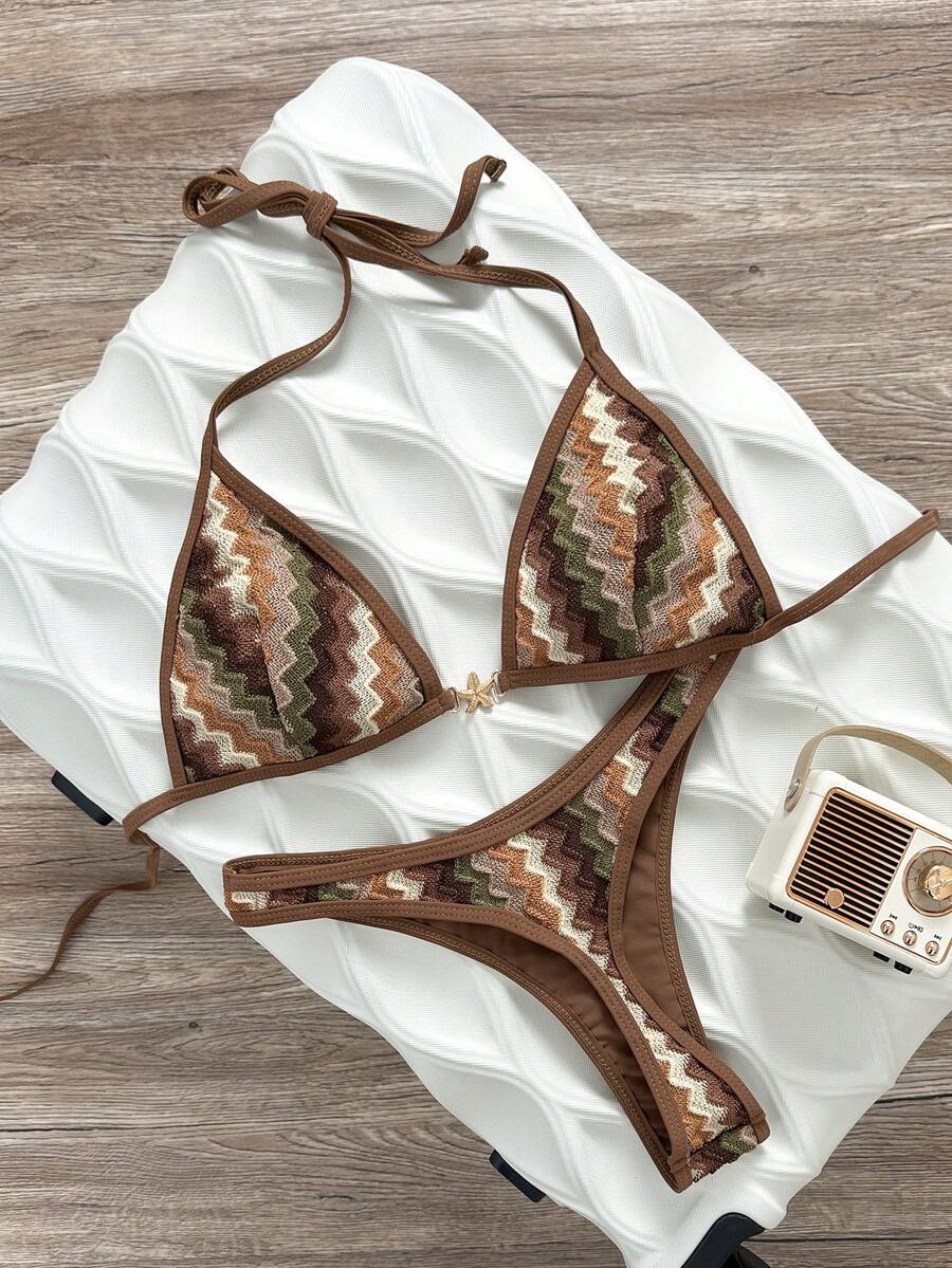 Swim Vcay Spring/Summer Solid Color Triangle Wireless Halter Backless Top And Swim Shorts Women Sexy Bikini Set For Beach Vacation - Multicolor - View 1