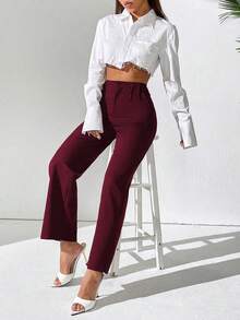 SHEIN PETITE Pantalón recto suelto de oficina de cintura alta de color liso y plisado para mujer - Burdeos - Ver 5