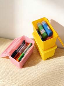 Joivida 1pc/3pcs Yellow, Light Blue, Pink, Transparent Desktop Storage Box With Lid, Dust-Proof Makeup Product Storage Box, Suitable For Storing Cosmetics, Makeup Brushes, Jewelry, Office Supplies, Handicrafts, Household Items, With Handle, Stackable Plastic Containers - multicolor - View 4