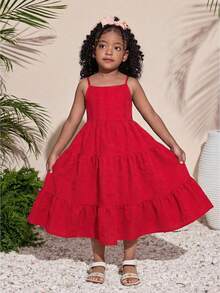 SHEIN Young Girl's Fashionable & Cute Summer Vacation Red Textured Bow Decor Loose Strap Dress, Suitable For Beach, Vacation, Outdoor Activities - Red - View 3