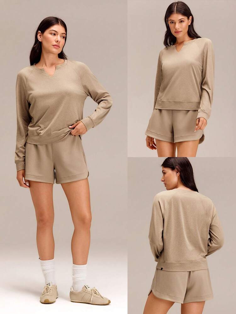 Cloudknit Elevated Cozy Soft Lightweight Stretchy Relaxed Fit Split-Neck Design Tunic Sweatshirt Daily Casual Summer Wear