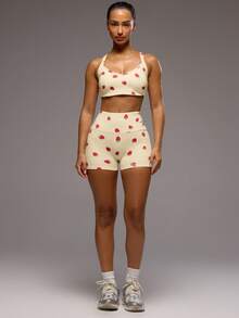Musera Sport Strawberry High Waist Active Shorts Only Active Workout Gym Cute Pilates Fitness Daily Girly Casual Print - Butter Yellow - View 2