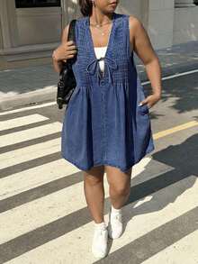 Muchica Plus Size Women's Sleeveless Denim Dress, Spring/Summer - Medium Wash - View 6