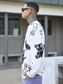 Devon Thys 男士休闲熊字母图案卫衣，秋季款，长袖上衣 - 黑與白 - 查看 6