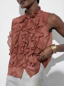 Aveloria Modichic Olive Green Sleeveless Layered Ruffle Collar Blouse, Metallic Chiffon Elegant Versatile Casual Commute, Vintage French Romantic - Redwood - View 5