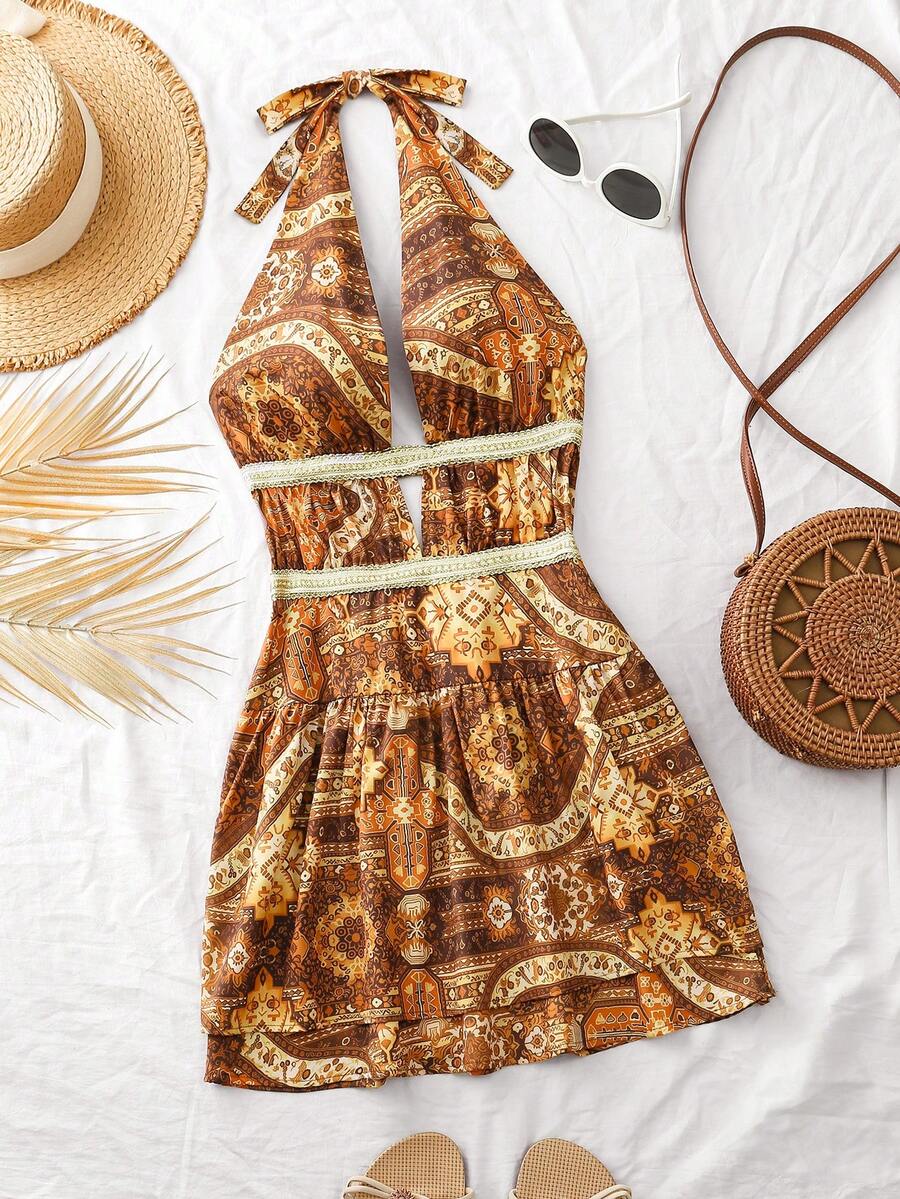 Airaco Rochie minimalistă pentru femei cu imprimeu și guler lung, vopsită în stil tie-dye - Burgundia - Vizualizare 1