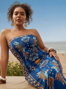 Travachic Women's Blue Strapless Knit Abstract Floral Print Symmetrical Pattern Boho Maxi Dress,Plus Size Summer Vacation Holiday Beachwear Outfits - Blue - View 7