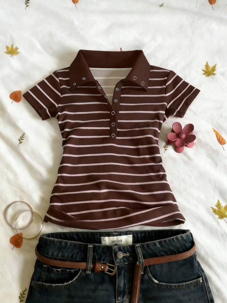 Glimmora Camiseta de manga corta con estampado de rayas vintage para mujer, verano - Multicolor - Ver 1