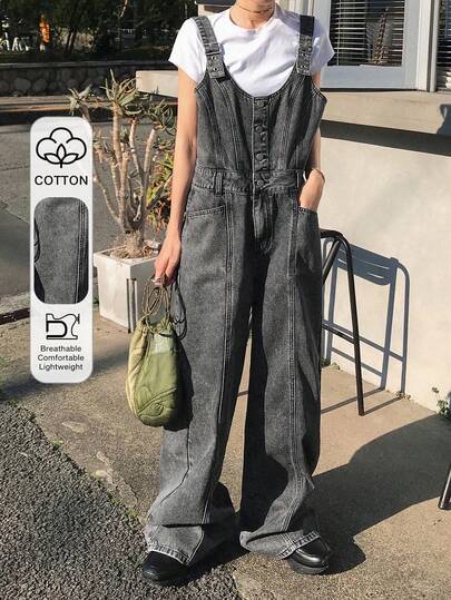 FRIFUL Women's Summer Casual Washed Denim Overalls With Adjustable Straps And Large Pockets