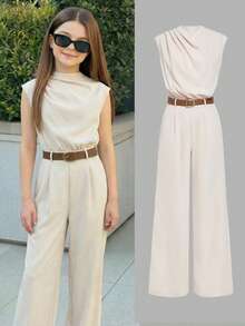 SHEIN 少女优雅无袖系带连体裤 - 杏色 - 查看 6