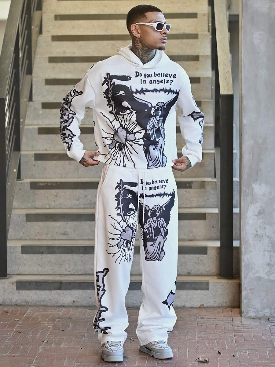 Devon Thys Bộ quần áo hoodie ngắn in họa tiết trái tim thiên thần Manfinity Streetrush dành cho nam, trang phục mùa thu - Nhiều màu - Xem 1