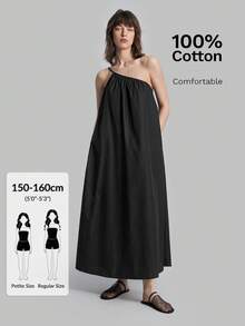 Ontre Petite Đầm nữ mùa hè 2026 dáng rộng, màu đen trơn, thiết kế bất đối xứng, phù hợp cho cả hoạt động ngoài trời và công sở. - màu đen - Xem 2
