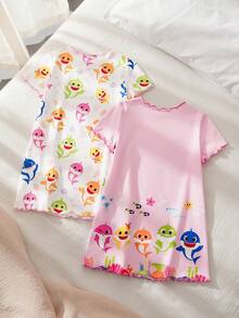 BABY SHARK X SHEIN 2pcs/Set Cute Style Baby Girl Homewear, Round Neck Short Sleeve Comfortable Nightgown Dress, Multi-Piece Set - Multicolor - View 2