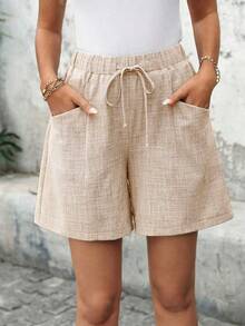 EMERY ROSE 大码女式纯色口袋蓝色短裤，适合春夏度假穿着 - 卡其色 - 查看 7