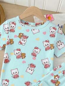 SHEIN 2件套女童甜美可爱优雅休闲日常猫咪蝴蝶结卡通图案爱心装饰印花圆领针织短袖上衣和宽松舒适长裤两件套家居服套装 - 淺藍色 - 查看 3