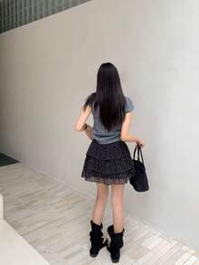 K-Vae 百搭弹力腰带波点雪纺伞裙，甜美可爱 - 黑色 - 查看 2