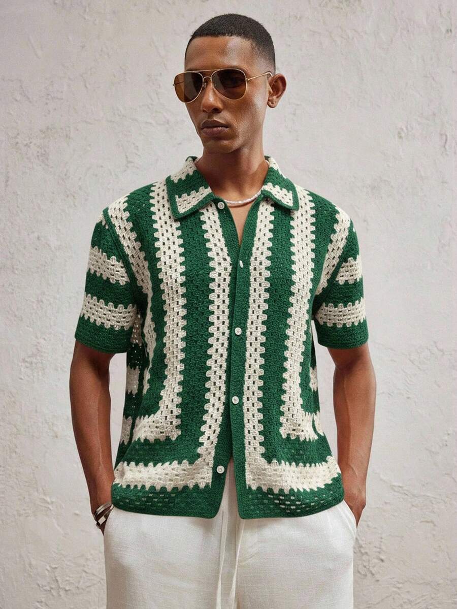 AKNOTIC Party Men's Fitted Turndown Collar Short Sleeve Casual Knit Cardigan, Suitable For Daily Wear - Olive Green - View 1