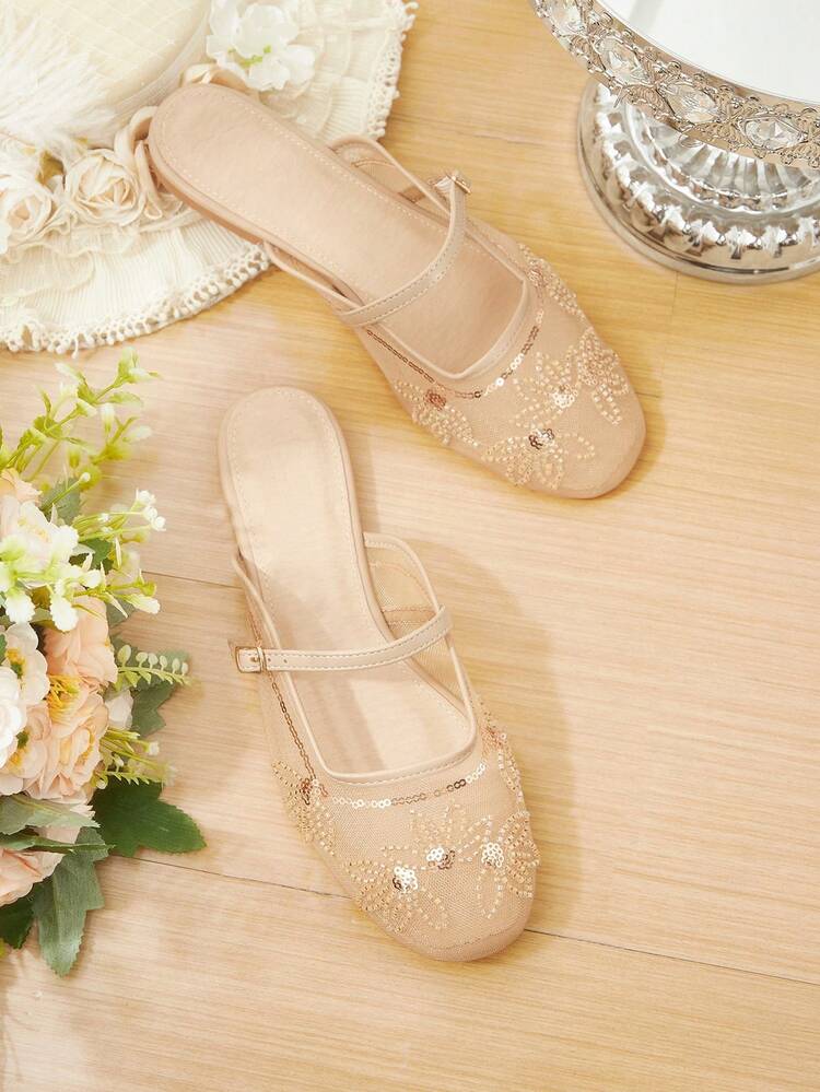 CUCCOO HITCHD New Women's Square Toe Lace Splicing Rose Decoration Casual Outdoor Breathable Hollow Flats, Versatile Loafers, Ballet Flats, Mary Jane Shoes