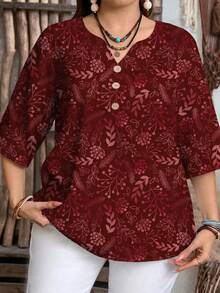 EMERY ROSE Plus Size Plant Print Casual Shirt, Suitable For Summer - Mint Green - View 5