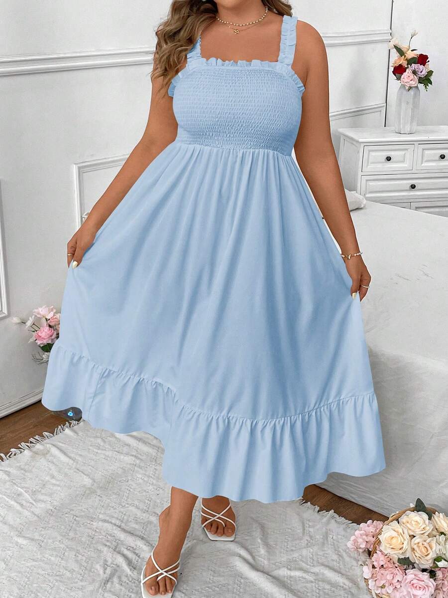SHEIN PETITE CURVE Đầm maxi cỡ lớn màu trơn, dây mảnh, eo thắt - Màu xanh lam - Xem 1