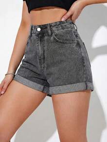 SHEIN Cottnline Women Denim Shorts Everyday Gray - 灰色 - 查看 5