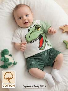 Cozy Pixies Bộ đồ 2 món cho bé trai sơ sinh: Áo thun cổ tròn tay ngắn và quần short cạp chun in hình khủng long hoạt hình, chất liệu mềm mại, thích hợp mặc mùa hè. - màu xanh lá - Xem 9