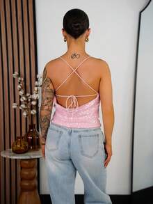 SAYEHFBABY Women's New Sequin Plunging Neck Backless Camisole For Party, Pink Y2k Top - Pink - View 2