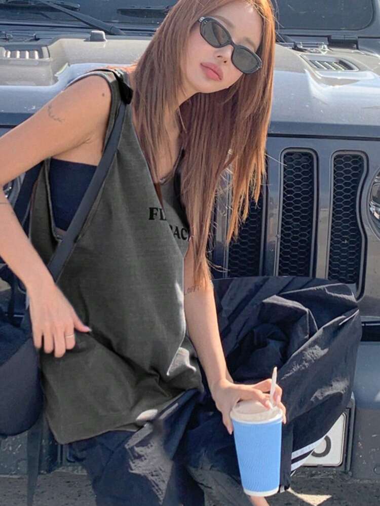 Women's Letter Print Round Neck Casual Loose Tank Top