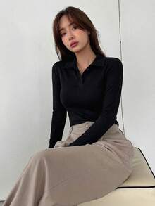 Dazy-Less Women's Casual Everyday Commute Simple Solid Color Long Sleeve Fitted Polo Shirt, Spring/Autumn - Black - View 3