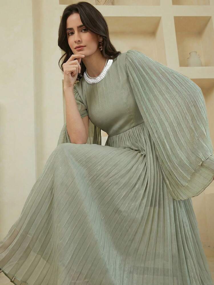 Spring & Summer Heavily Beaded Formal Dress, Elegant Long Sleeve Midi Dress For Wedding, Party, Prom, Commute Sundress