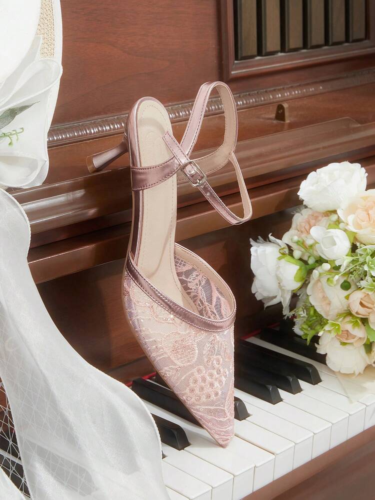 CUCCOO HITCHD Women's High-Heeled Shoes, Exclusive Shoes For Bridal Weddings, Pink Glossy Splicing Lace Embroidered Pointed Thin High Heels, Mesh Breathable, Adjustable Buckle For Rear Straps, Elegant Fairy Streamer Shoes, Wedding Dress/Toast Clothes With Banquet Women's Shoes