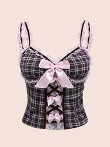 ROMWE Kawaii 复古甜美荷叶边蝴蝶结格子印花大码女式 Himekaji 吊带背心，适合夏季 - 黑色 - 查看 1