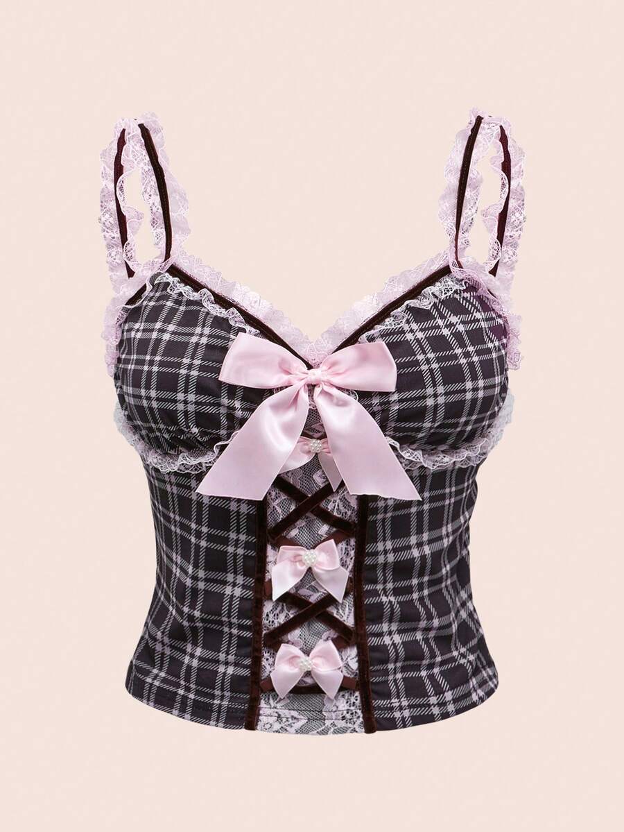 ROMWE Kawaii 复古甜美荷叶边蝴蝶结格子印花大码女式 Himekaji 吊带背心，适合夏季 - 黑色 - 查看 1