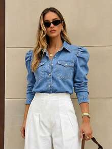 Selenza Camisa mezclilla con bolsillo con solapa de manga gigot - Azul lavado medio - Ver 3