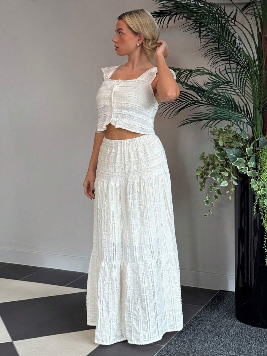 Bethéva 女士浪漫优雅方领短袖上衣半裙套装，夏季 - 杏色 - 查看 1