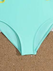 SHEIN Girls' Long Sleeve One-Piece Swimsuit,Mint Green Cutout Rash Guard For Summer Casual Beach Holiday,Quick-Drying Sunscreen Half-Zip Teen Bathing Suit - Green - View 4
