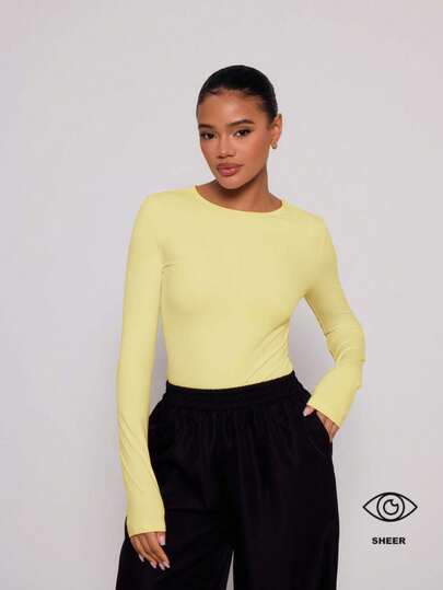 MUSERA Crew Neck Long Sleeve Bodysuit Fitted Casual Capsule Wardrobe Basic Everyday Business Office Work Back To School White Lounge  Spring Summer