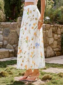 KARISMINA 女士休闲优雅浪漫度假印花A字裙，女士白色A字裙 - 藍白色 - 查看 10