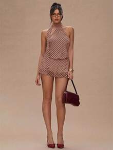 SHEIN BAE 女士时尚性感波点印花露背吊带迷你连衣裙 - 棕色 - 查看 3