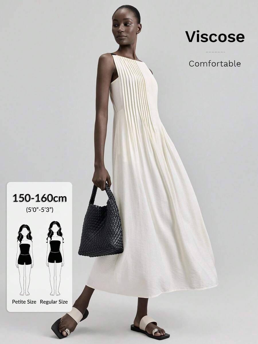 Ontre Petite 2026春夏小码女士长连衣裙，夏季纯色宽松A字版型，撞色肩带，休闲百搭，适合办公室、教师、俱乐部、复古都市风格等场合，梭织面料，通勤、度假、海滩、毕业典礼、下午茶聚会等，小码版型，百搭长裙 - 杏色 - 查看 1