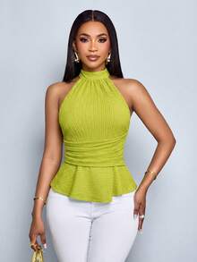 SOLERSUN Women's Fashionable Elegant Chic Lime Green Halter Neck Peplum Textured Fabric Ruched Waist Sleeveless Back Button Summer Vacation Top - Green - View 1