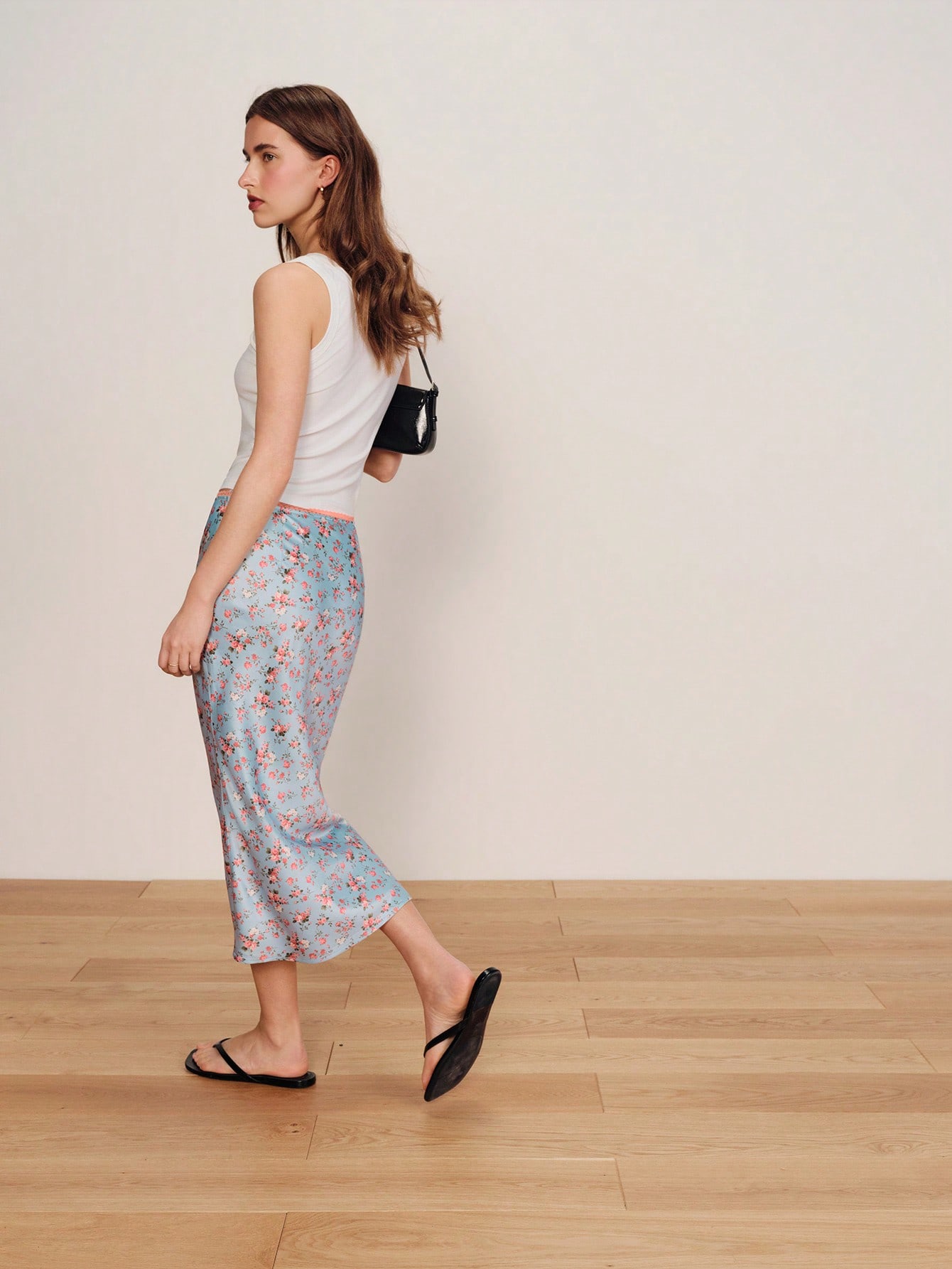 Blue And Pink Floral Print Satin Midi Skirt With Elasticated Waist And Bow Detail Spring Summer French Style Parisian Style Vacation Outfit Going Out Office Outfit Flowy Skirt Flower Satin Skirt