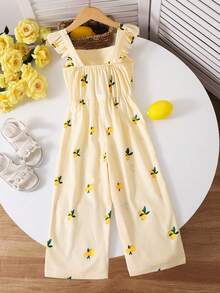 SHEIN Vintaside Kids Bộ áo liền quần in họa tiết kẻ caro chanh cho bé gái, tay bồng, trang phục thường ngày dễ thương cho những chuyến đi chơi và kỳ nghỉ hè. - Màu be - Xem 2