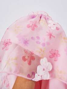 SHEIN 夏季女童渐变花瓣袖蛋糕裙，多层荷叶边雪纺面料，甜美公主风，适合儿童外出和派对场合 - 粉色 - 查看 5