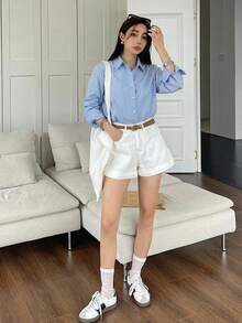DAZY Women's Solid Color Single-Breasted Casual/Office Long Sleeve Shirt - Blue - View 4