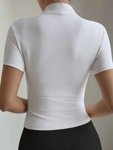 DAZY Women's Solid Color Short Sleeve Zip Front Fitted Casual T-Shirt Summer - White - View 2