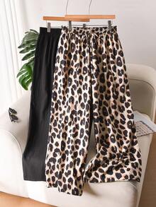 SHEIN Cosyjoi Plus Size Casual Textured Chiffon Basic Straight Leg Pants Leopard Print Pants Animal Print Pants Wide Leg Pants Black Pants Drawstring Waist Pants - Multicolor - View 2