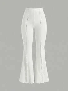 SHEIN Tall CURVE 加大码高个女式荷叶边弹力喇叭裤 - 白色 - 查看 5