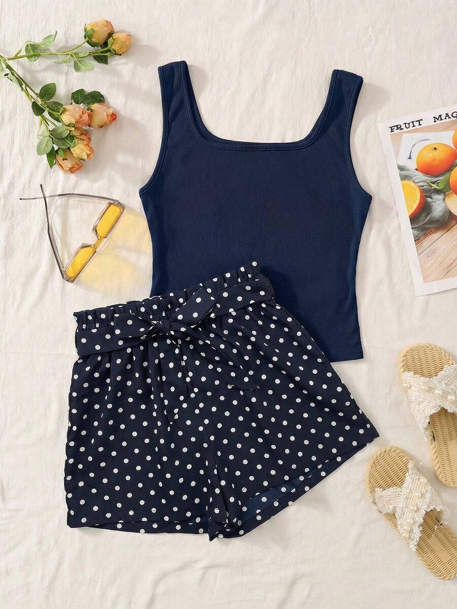 SHEIN TEENGIRL Orange Tank Top With Colorful Leaf Print & Loose Shorts Set, Vacation Style Suitable For Summer - Navy Blue - View 1