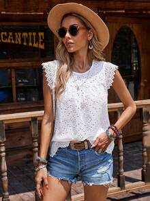 Vacation Casual Solid Color Hollow Embroidery Cap Sleeve Blouse - White - View 4